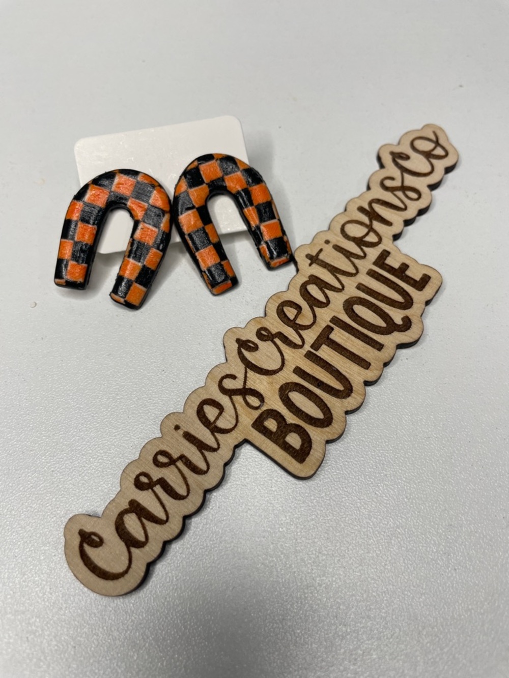 Handmade Checkerboard Horseshoe Earrings - Orange & Black